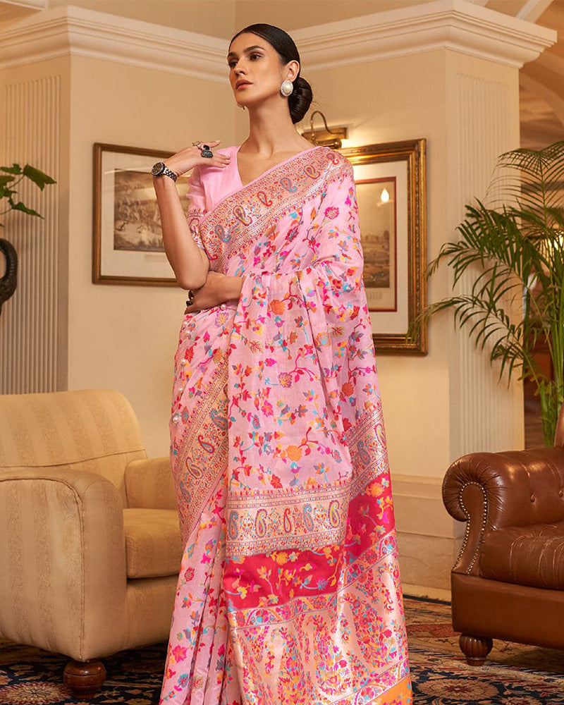 Designer Baby Pink Color Kashmiri Saree