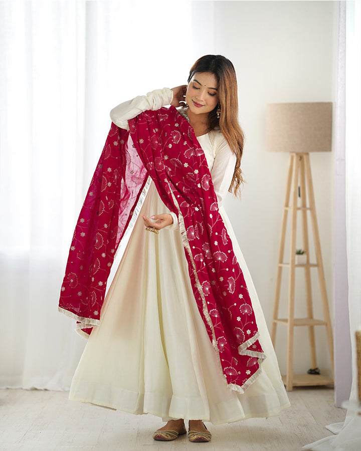 Rani Pink Dupatta With White Color Soft Silk Anarkali