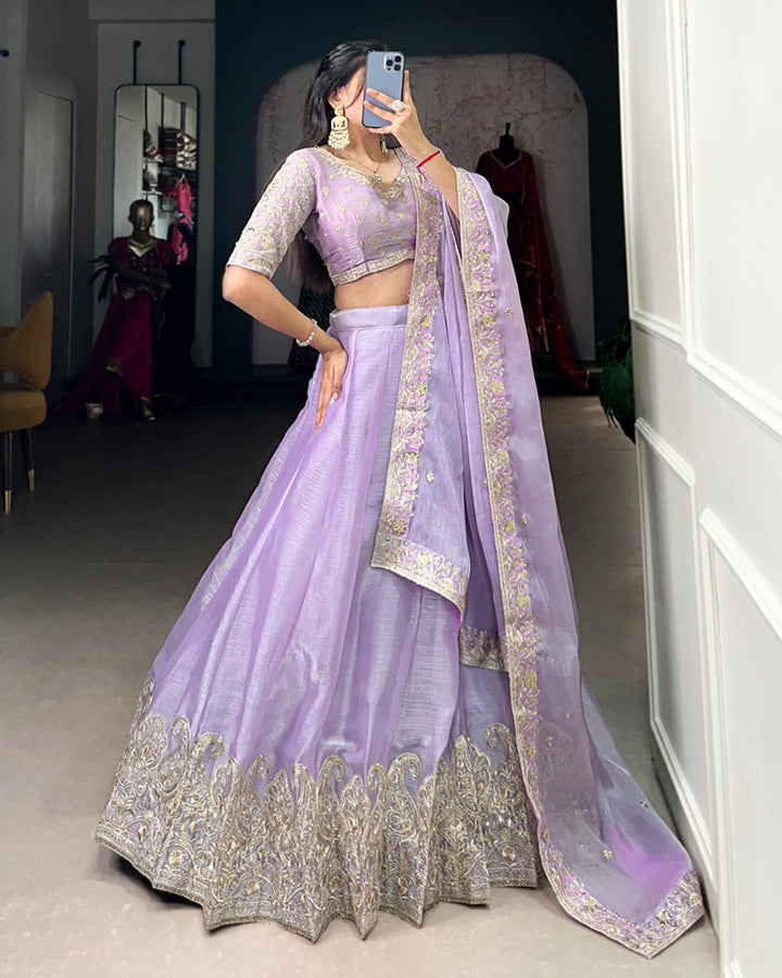 Lavender Color Burberry Silk Embroidered Lehenga Choli