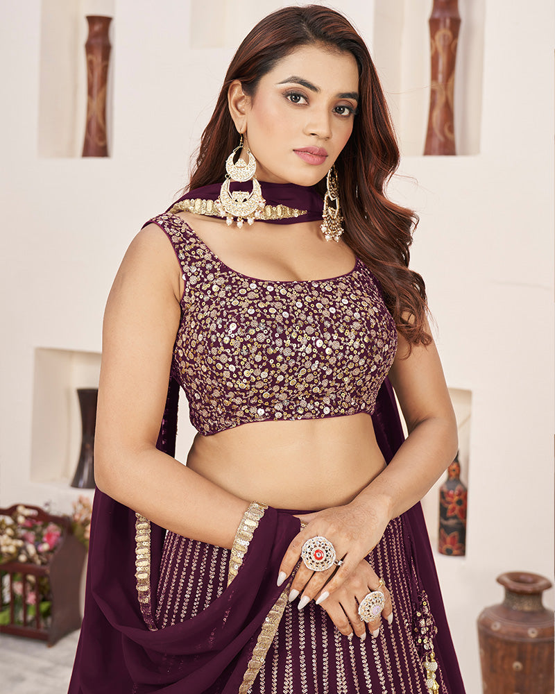 Wine Color Georgette Embroidery Lehenga Choli