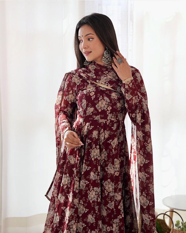 Dark Maroon Floral Printed Georgette Anarkali Suit