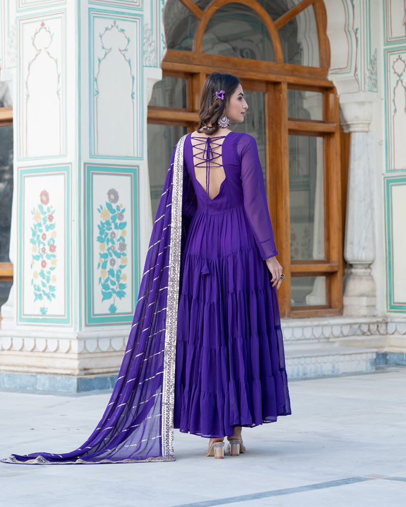 Purple Color Georgette Frill Anarkali Gown With Heavy Dupatta Work