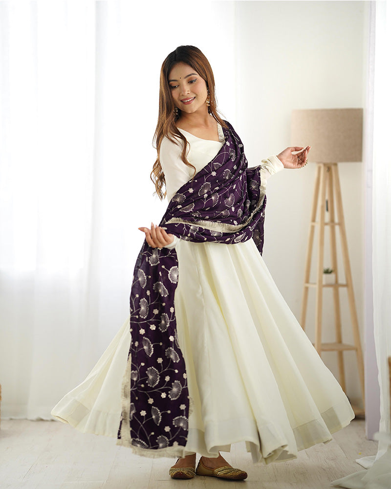 Dark Purple Dupatta With White Color Soft Silk Anarkali