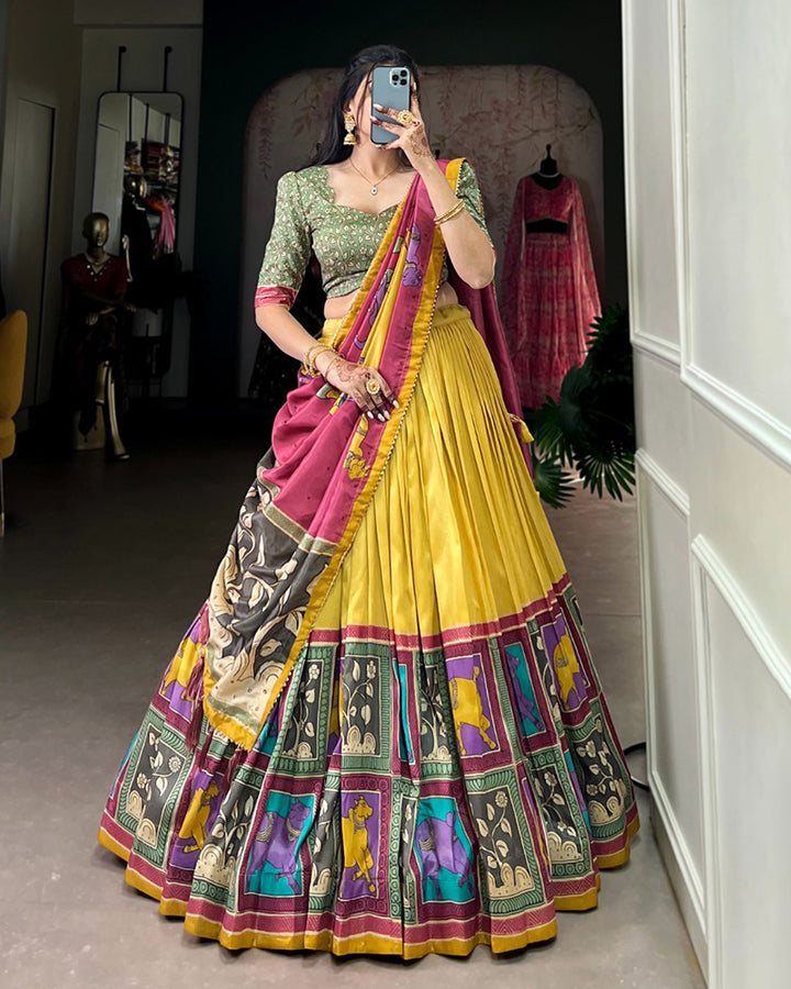 Kalamkari Printed Mustard Color Tussar Silk Lehenga Choli