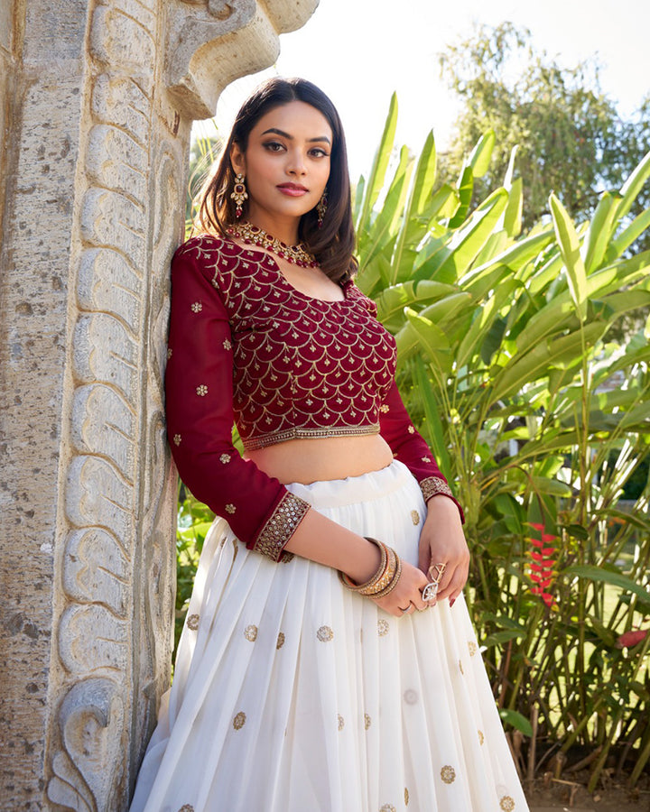 Wedding Wear White Color Georgette Embroidery Lehenga Choli