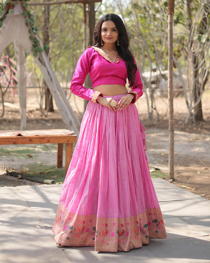 Pink Color Jacquard Crop Top Lehenga Choli