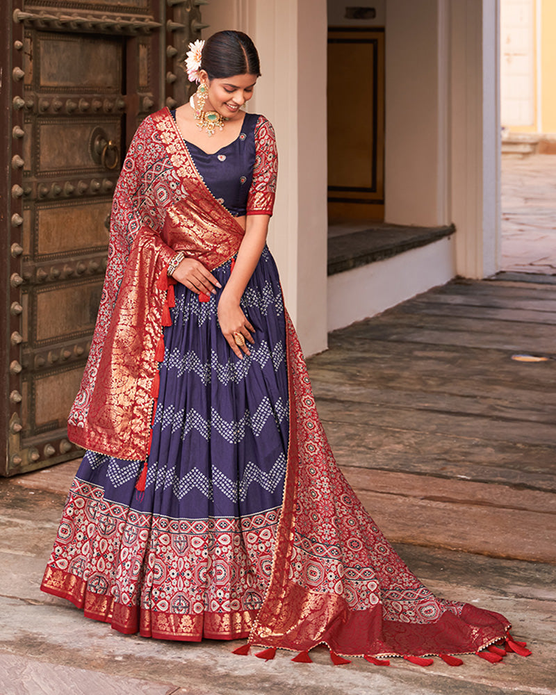 Navy Blue Color Ajarakh Printed Silk Designer Lehenga Choli