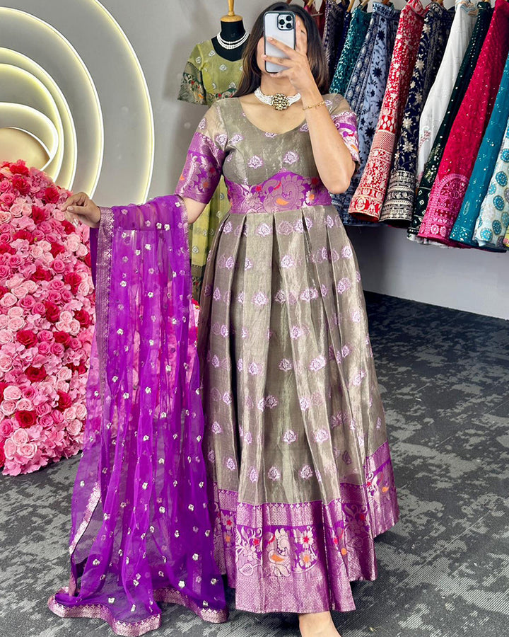 Purple Color Kota Silk Jacquard Gown With Dupatta