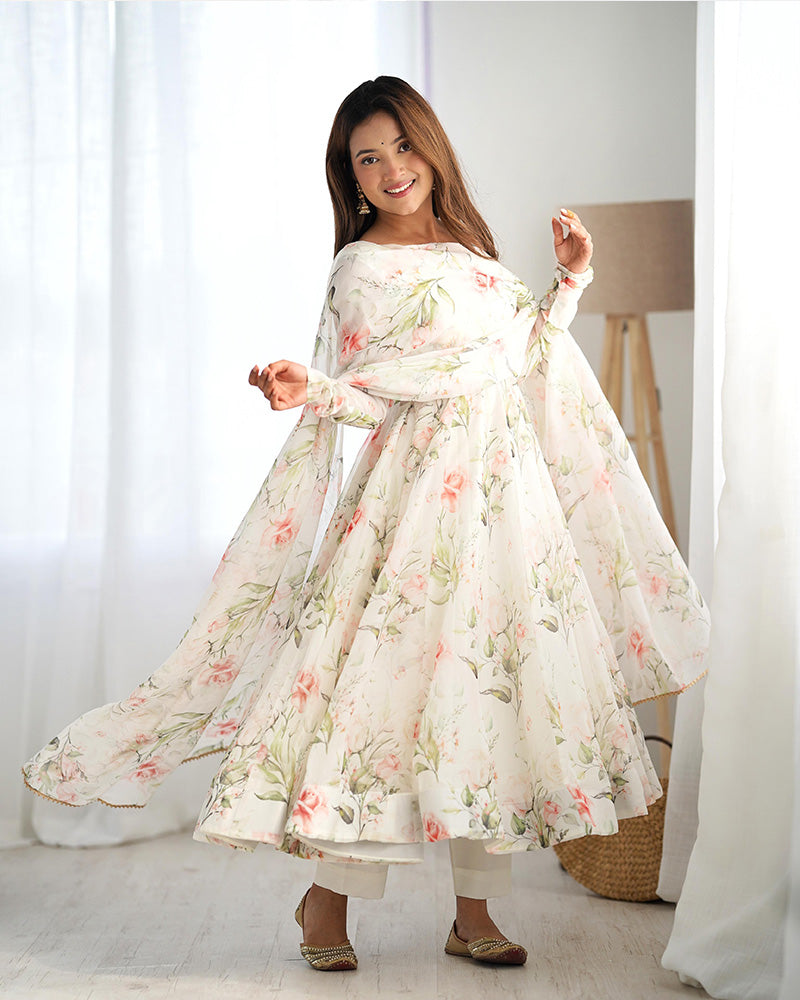 Off-White Color Organza Silk Three Piece Anarkali Suit