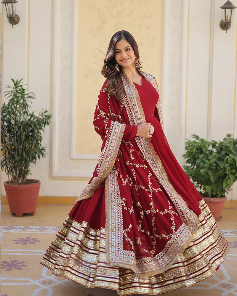 Beautiful Maroon Color Anarkali Gown With Sequence Embroidery Dupatta