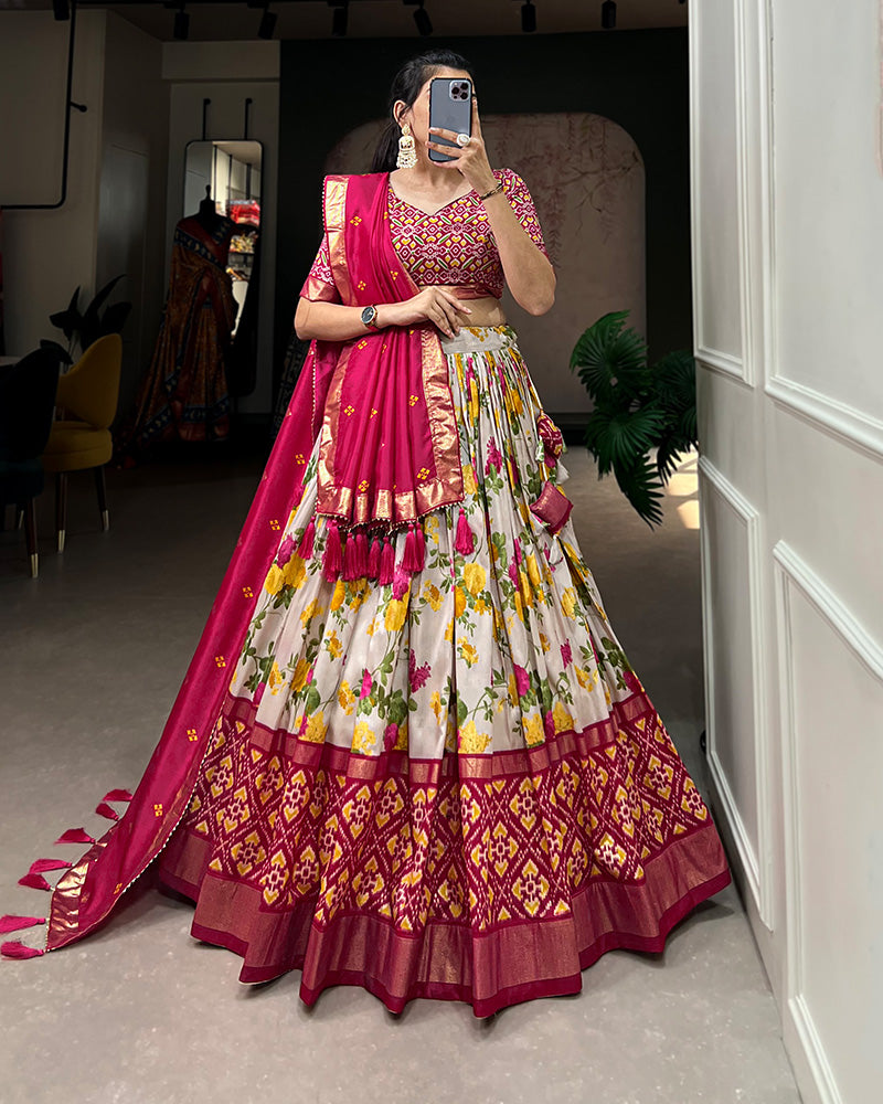 Pink Color Floral And Patola Print Tussar Silk Lehenga Choli