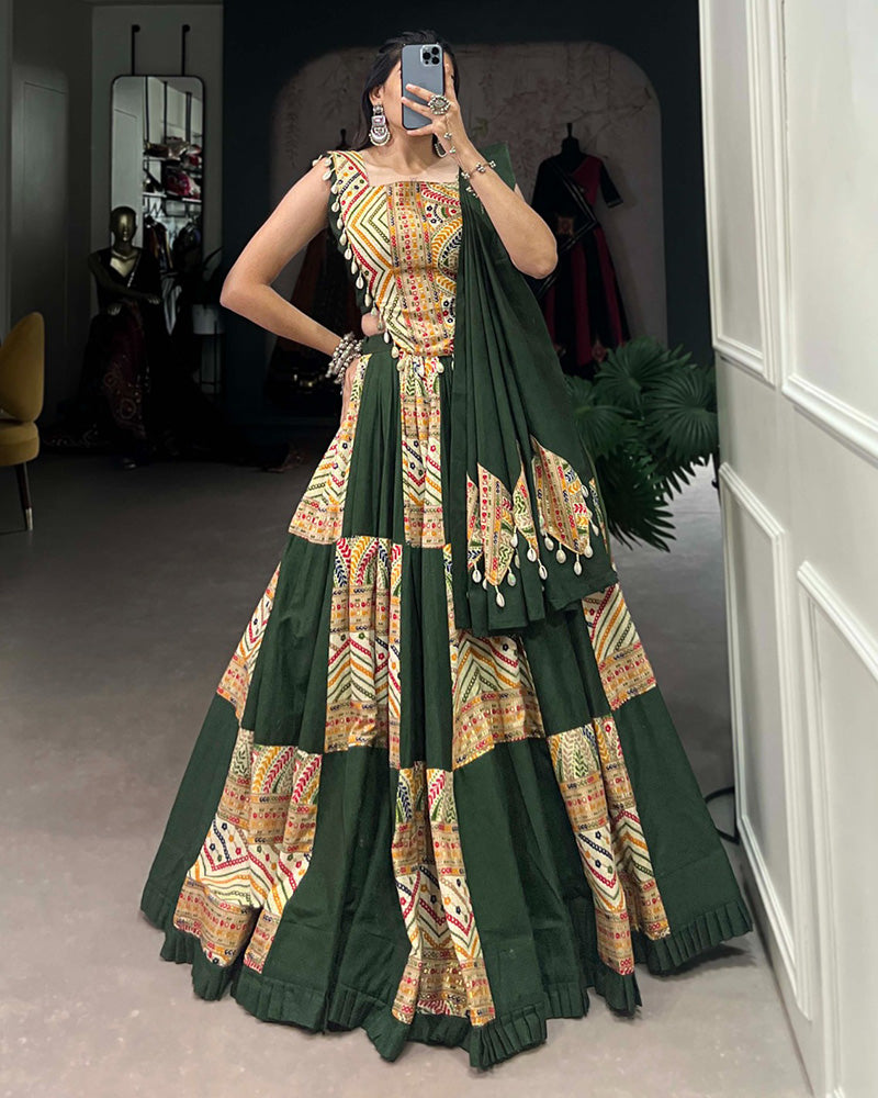 Mehndi Color Cotton Print And Foil Work Navratri Lehenga Choli