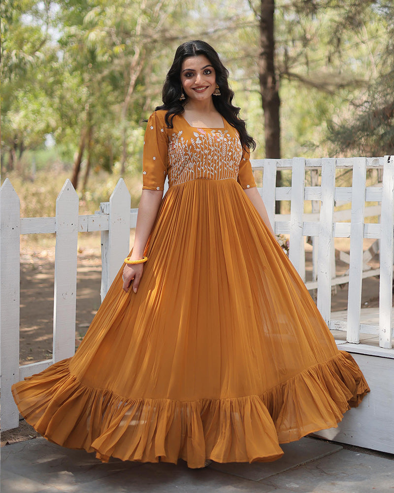 Mustard Yellow  Designer Georgette Long Gown