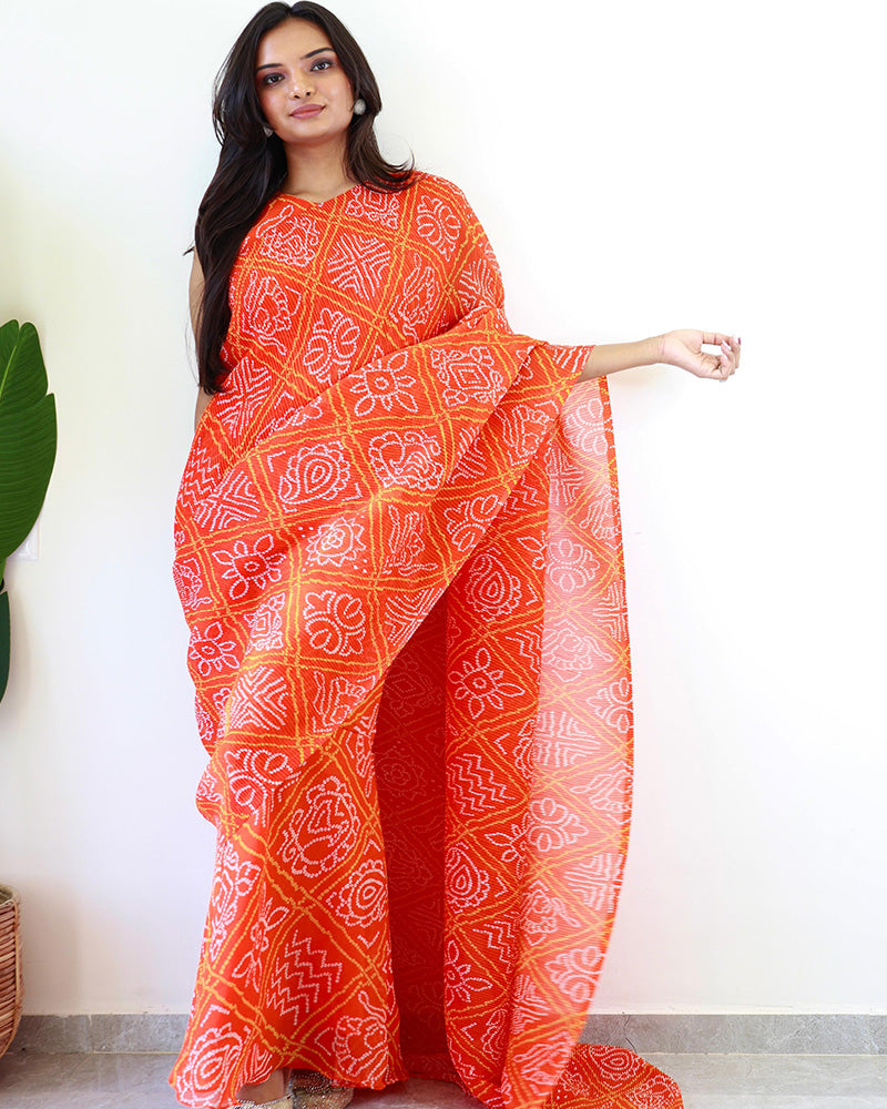 Orange Georgette Bandhej Print Ready To Wear Gown Saree