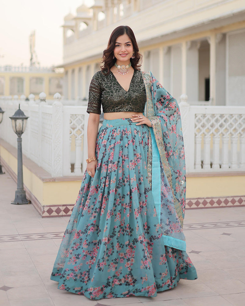 Designer Sky Blue Russian Silk Printed Lehenga Choli