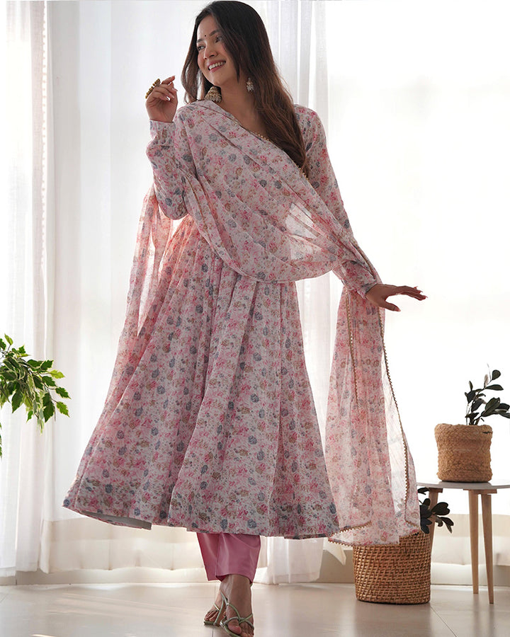 Baby Pink Color Floral Printed Chiffon Three Piece Anarkali Suit