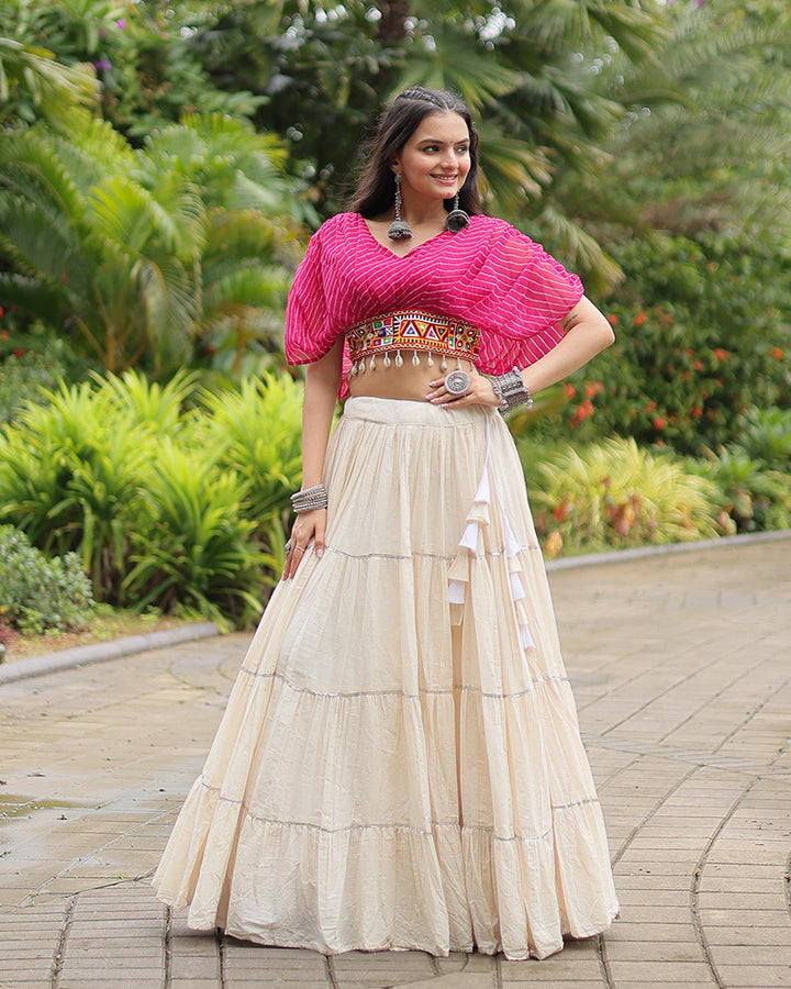 Pink Color Choli With Off-White Kora Cotton Lehenga