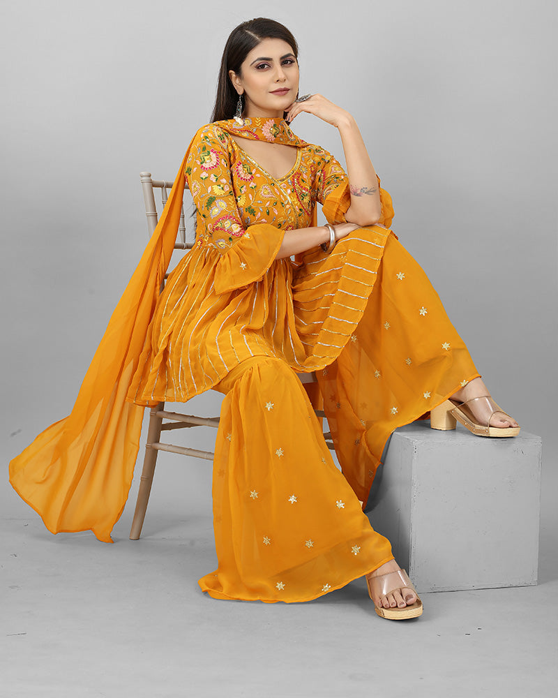 Mustard yellow Color Faux Georgette Three Piece Sharara Suit