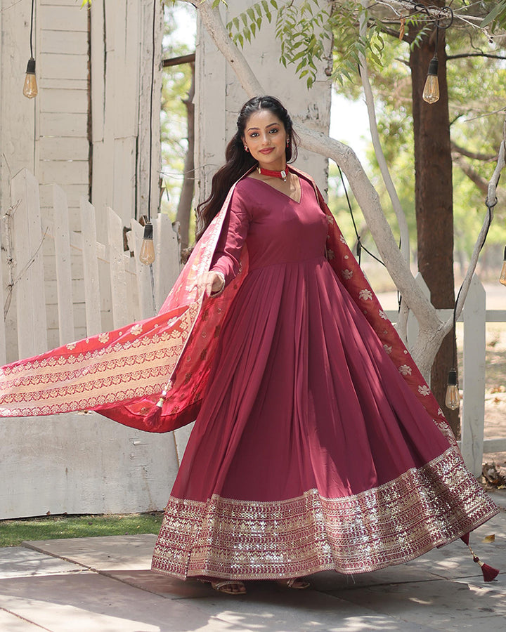 Dusty Pink Color Georgette Gown With Jacquard Dupatta