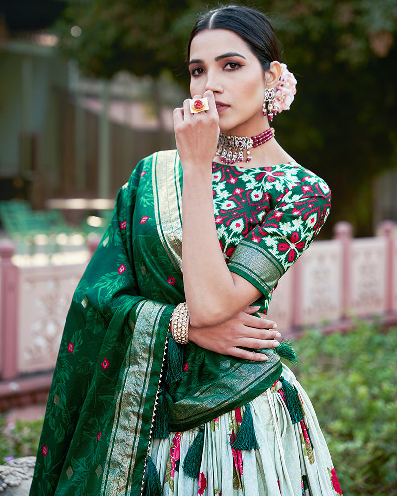 Green Color Tussar Silk Floral And Patola Print Lehenga Choli