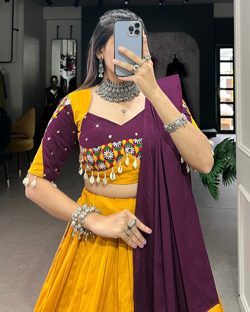 Mustard Color Cotton Gamthi Navratri Lehenga Choli