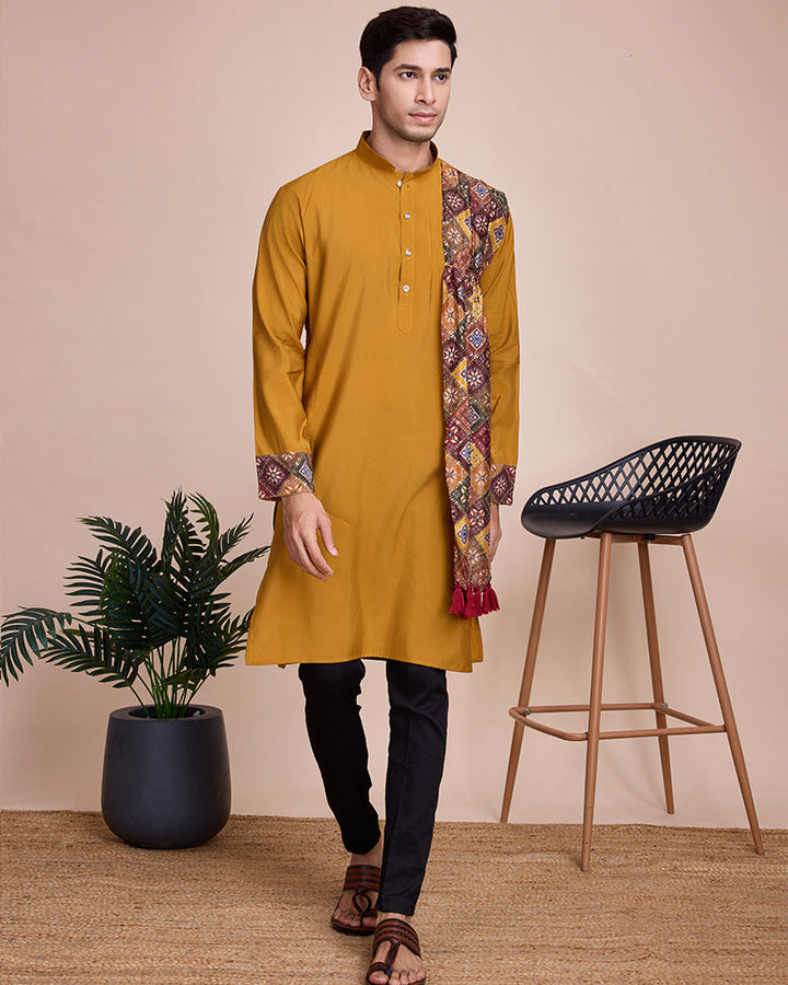 Yellow Color silk Men's Kurta With Dupatta