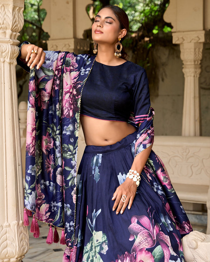 Navy Blue Color Floral Printed Tussar Silk Lehenga Choli