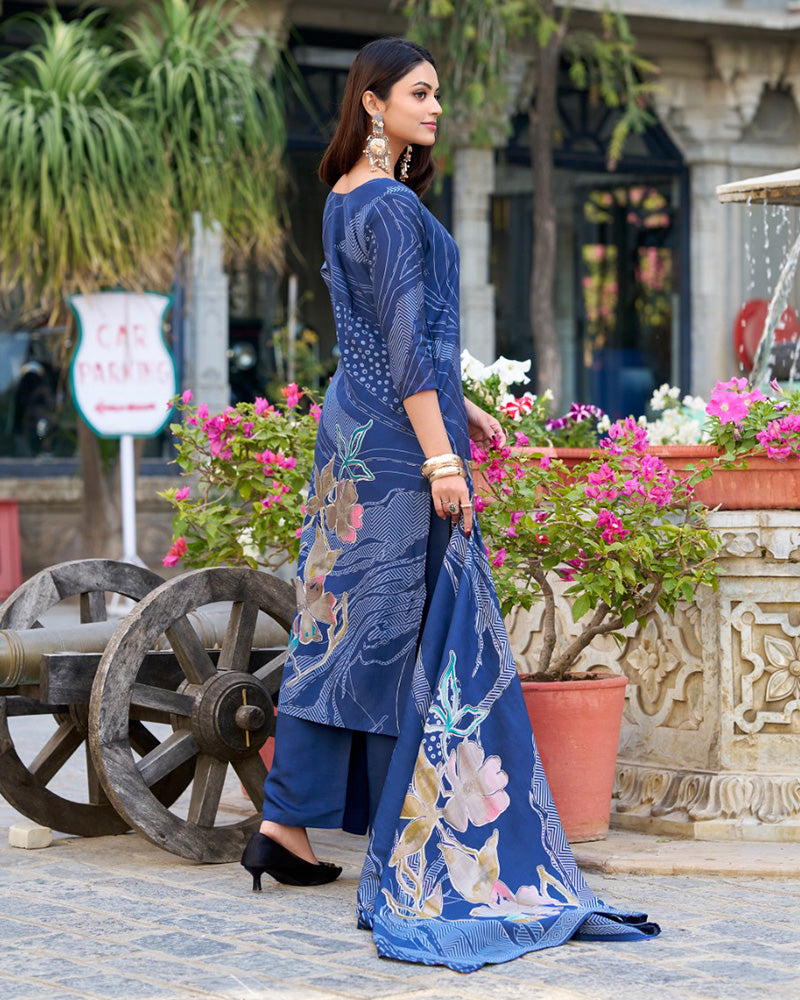 Navy Blue Color Roman Silk Floral Printed Salwar Suit