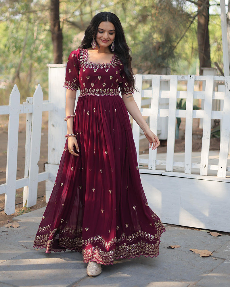 Reddish Maroon Color Designer Georgette Long Gown