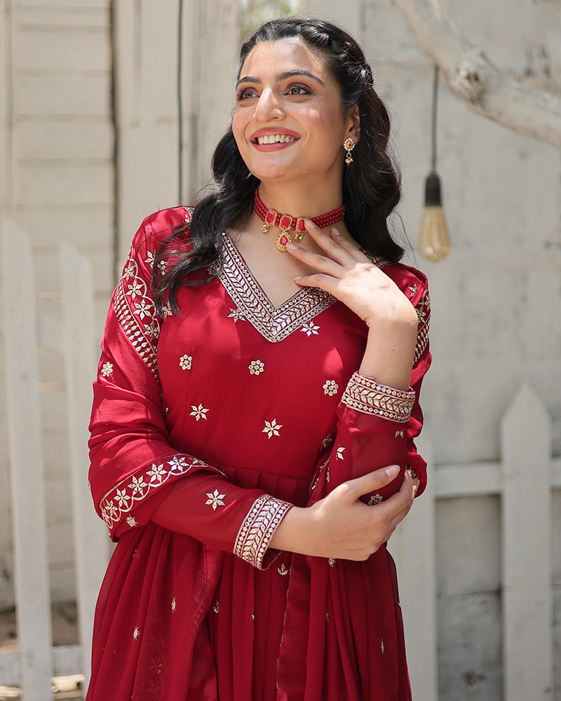 Maroon Color Georgette Gown With Embroidered Dupatta