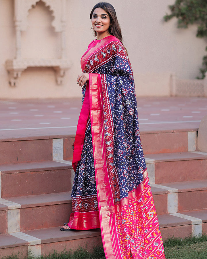 Navy Blue Color Patola Print With Foil Work Dola Silk Saree