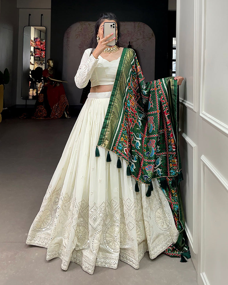 Designer Lucknowi Work Georgette Lehenga Choli With Green Patola Print Dupatta