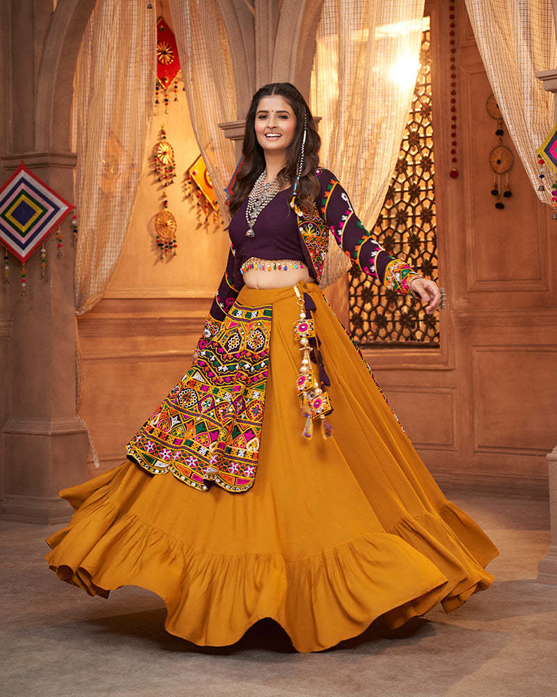 Mustard Yellow Color Viscose Rayon Thread And embroidered Real Mirror Work Navratri Lehenga Choli