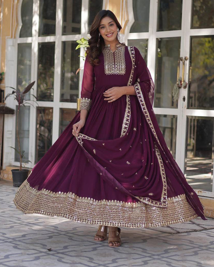 Designer Wine Color Gown With Sequence Embroidered Dupatta