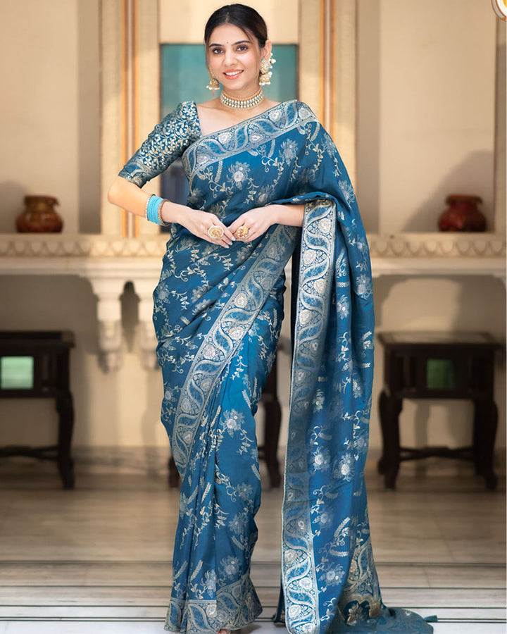 Designer Rama Color Jacquard Weaving Banarasi Silk Saree