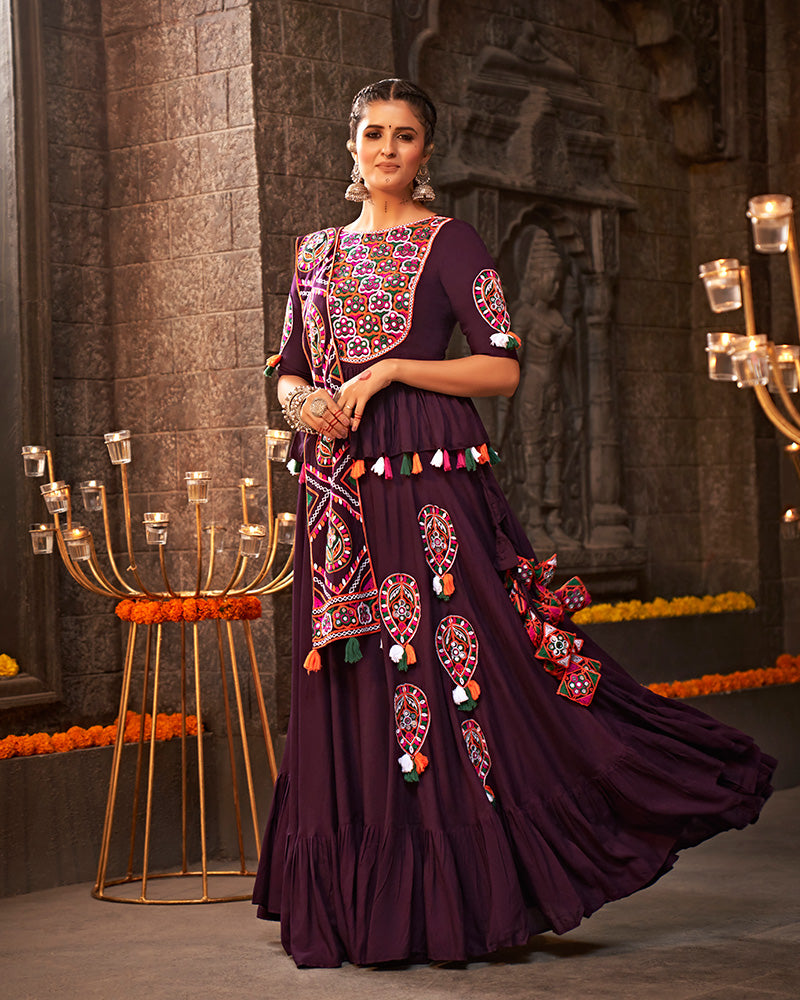 Purple Color Viscose Rayon With Real Mirror Work Navratri Lehenga Choli