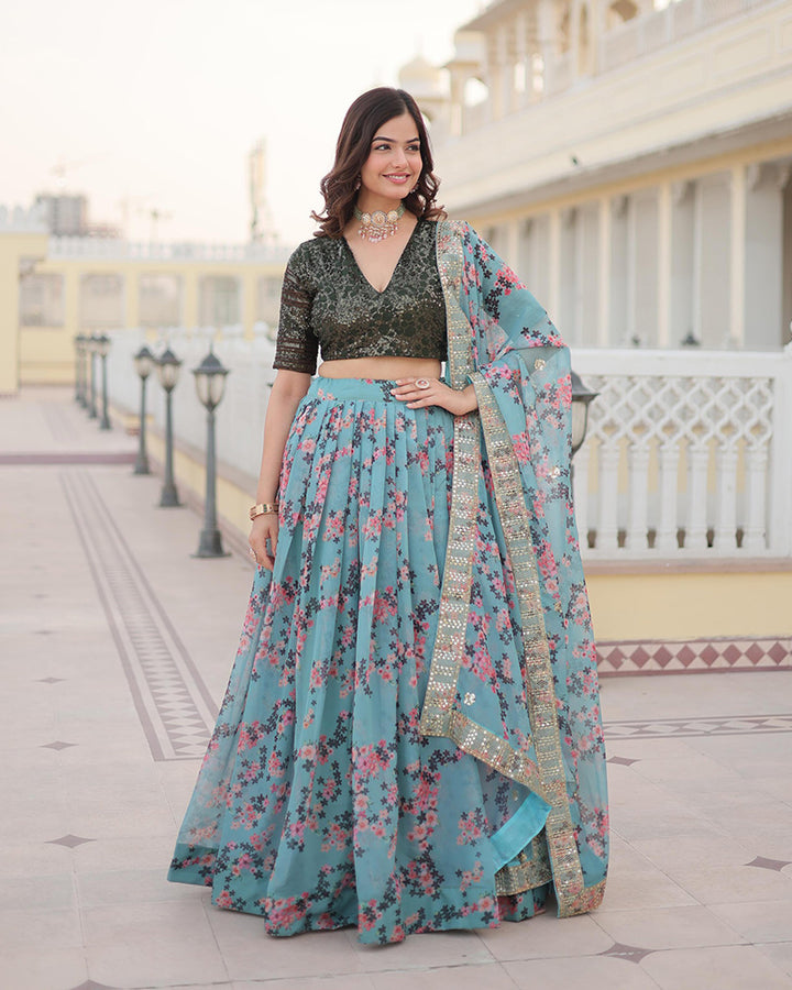 Designer Sky Blue Russian Silk Printed Lehenga Choli