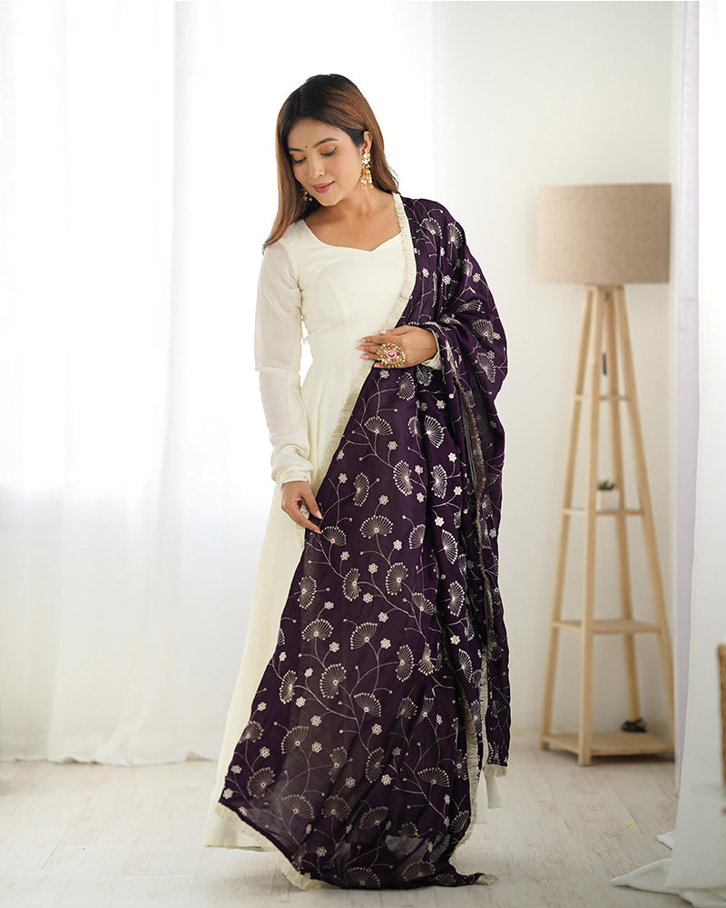 Dark Purple Dupatta With White Color Soft Silk Anarkali