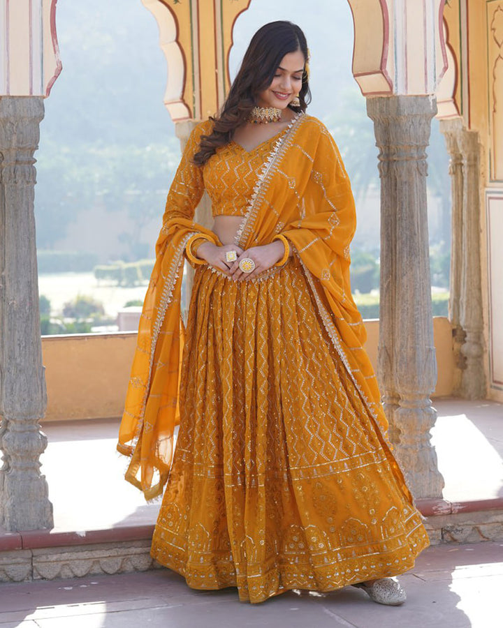 Latest Design Yellow Color Georgette Semi Stitched Lehenga Choli