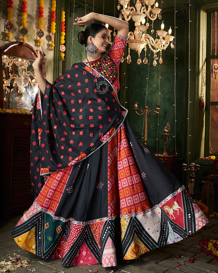 Black Color Maslin Cotton Fully Stitched Navratri Lehenga Choli