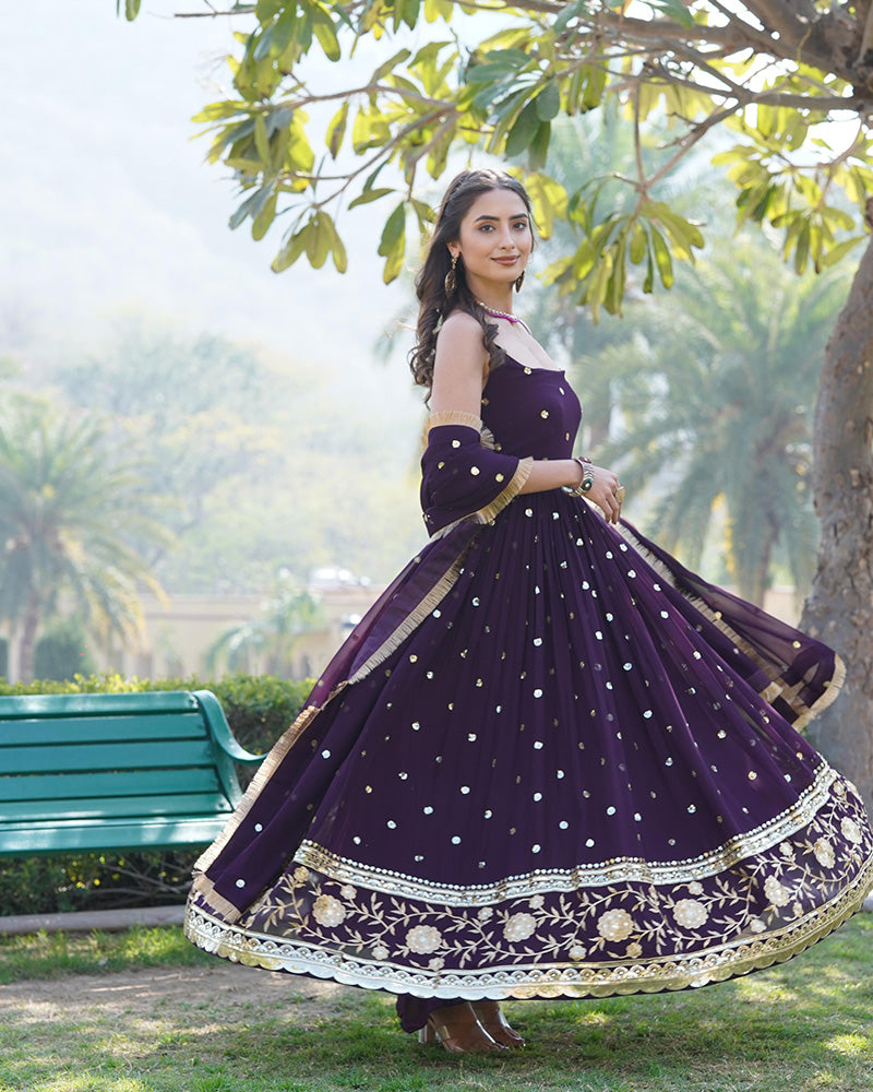 Beautiful Wine Color Anarkali Gown With Sequence Embroidery Dupatta