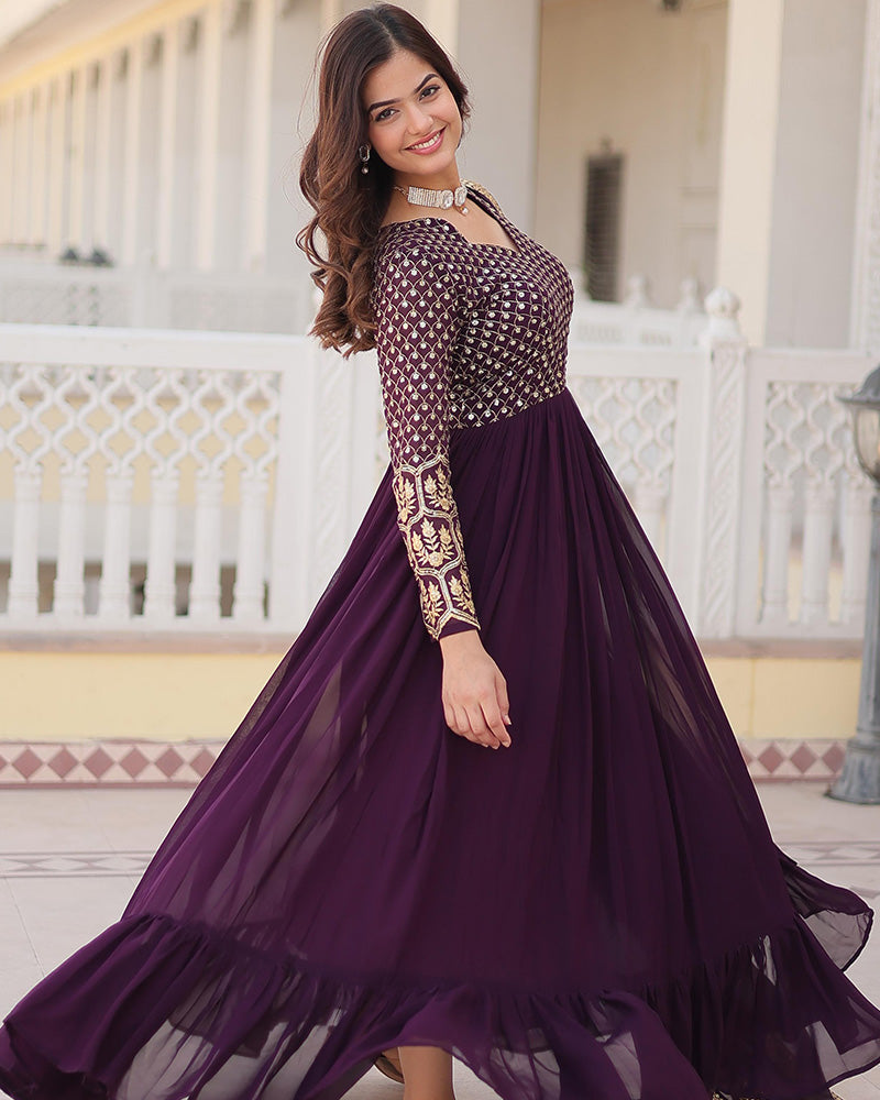 Beautiful Wine Color Blooming Anarkali Gown With Embroidered Dupatta