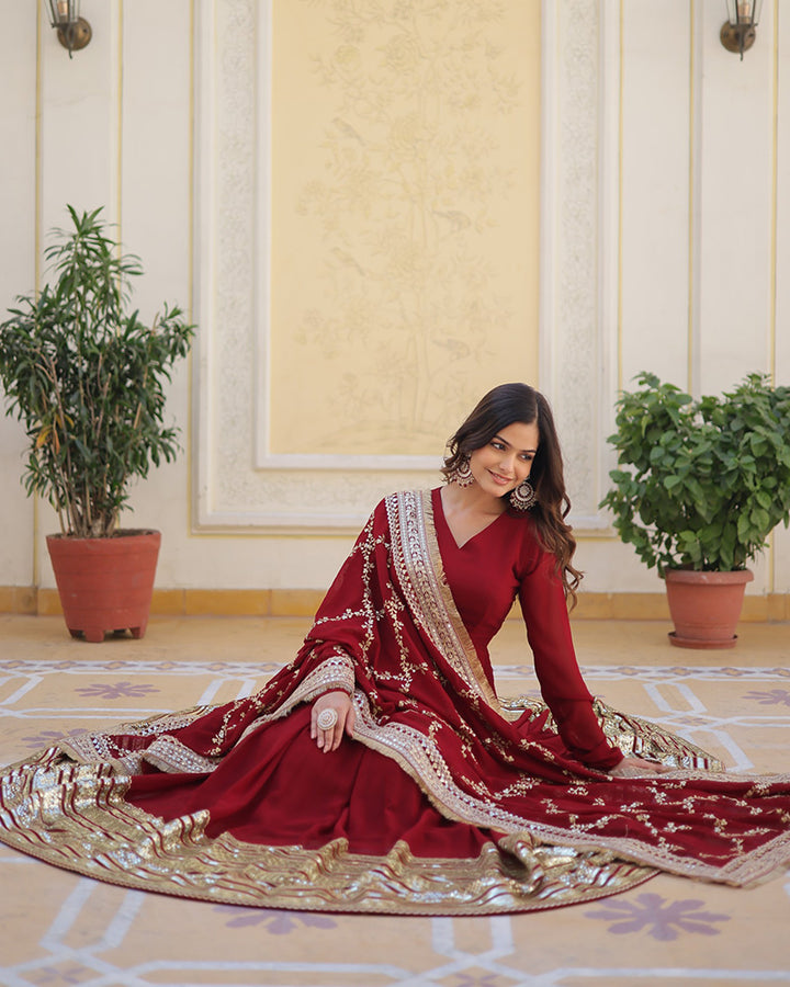 Beautiful Maroon Color Anarkali Gown With Sequence Embroidery Dupatta