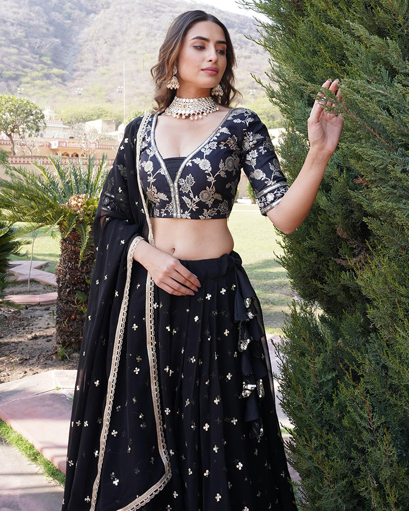 Wedding Wear Black Color Blooming Embroidery Lehenga Choli