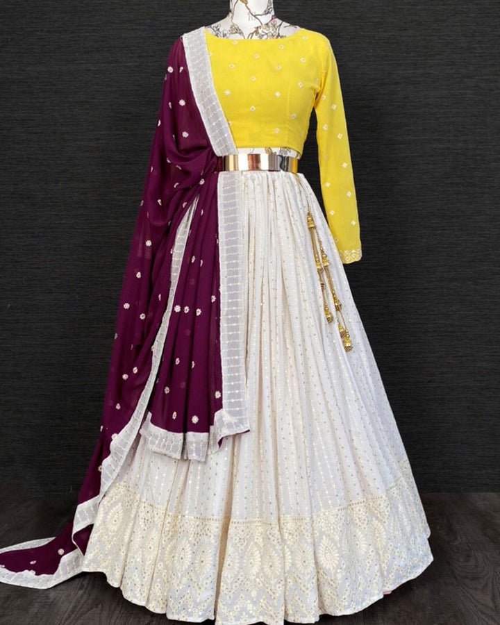 White Lucknowi Sequance Work Lehenga Choli