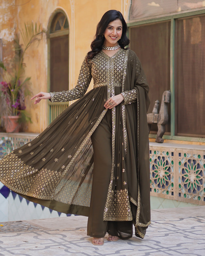 Mehndi Color Georgette Embroidered Sharara Suit