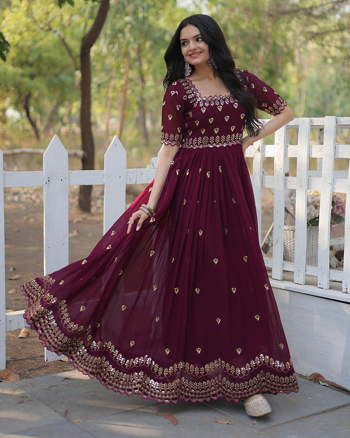 Reddish Maroon Color Designer Georgette Long Gown