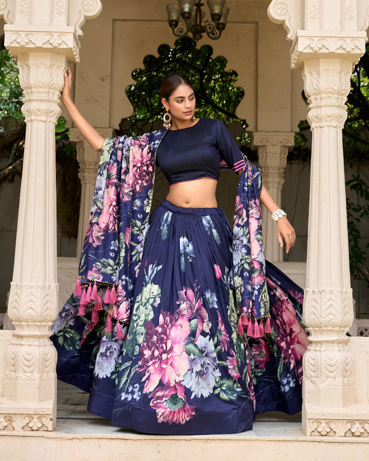 Navy Blue Color Floral Printed Tussar Silk Lehenga Choli