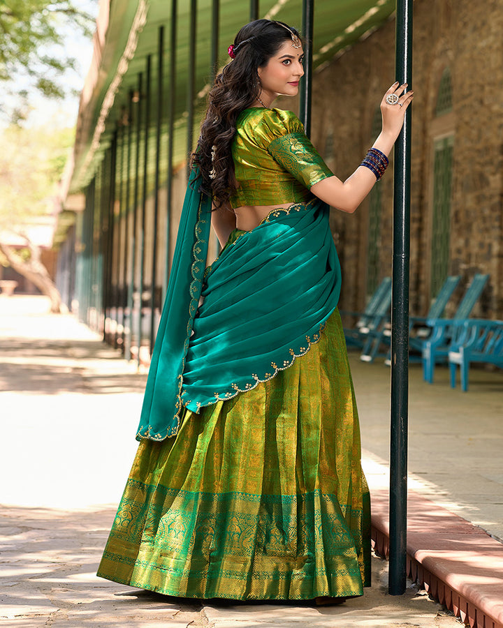 Designer Parrot Green Color Kanjivaram Lehenga Choli With Georgette Dupatta