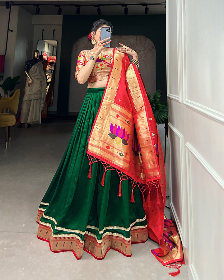 Green Color Vichitra Silk Paithani Lehenga Choli